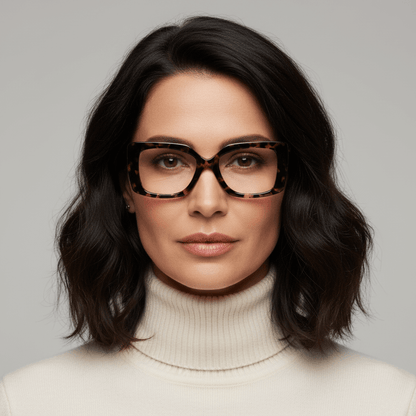 la vista frontal de una mujer de cara redonda y pelo ondulado corto suelto usando unos armazones marcos opticos sustentables en acetato reciclado Bonoboss de forma rectangular oversized grandes de #color_carey