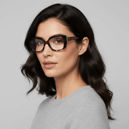 la vista lateral de una mujer de cara redonda y pelo ondulado corto suelto usando unos armazones marcos opticos sustentables en acetato reciclado Bonoboss de forma rectangular oversized grandes de #color_carey