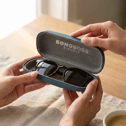Estuche almeja para lentes azul manos abriendo estuche close-up Bonoboss #color_azul