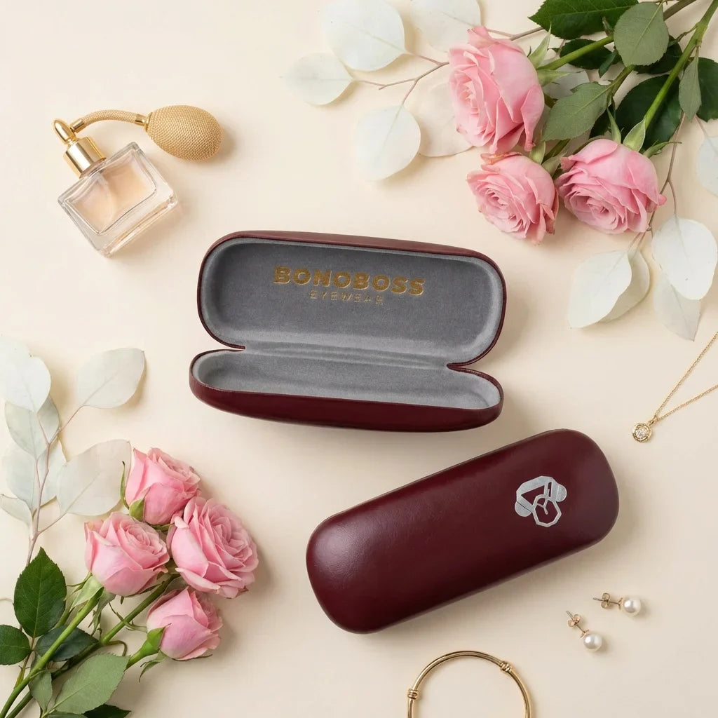 Estuche almeja para lentes burdeo flat lay femenino elegante Bonoboss #color_burdeo