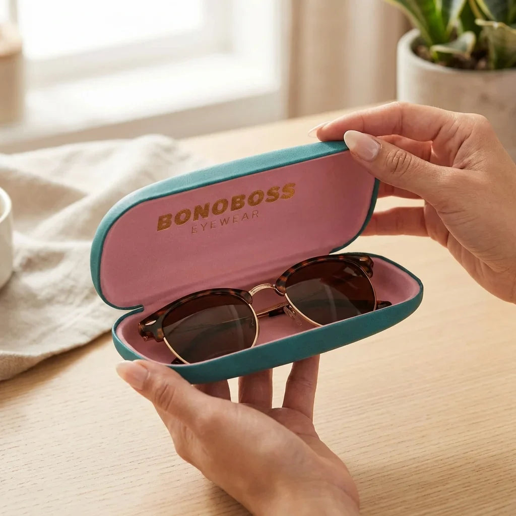 Estuche almeja para lentes calipso manos abriendo estuche close-up Bonoboss #color_calipso