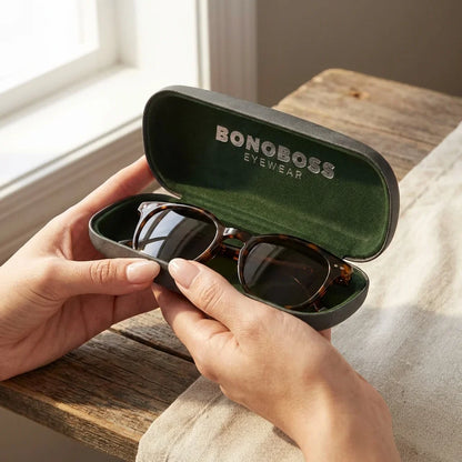 Estuche almeja para lentes negro manos abriendo estuche close-up Bonoboss #color_negro