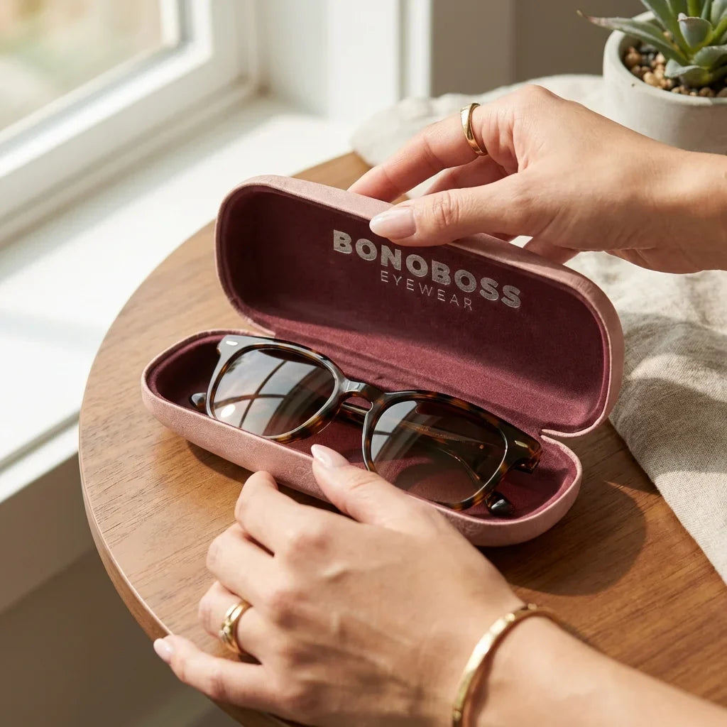 Estuche almeja para lentes rosado manos abriendo estuche close-up Bonoboss #color_rosado