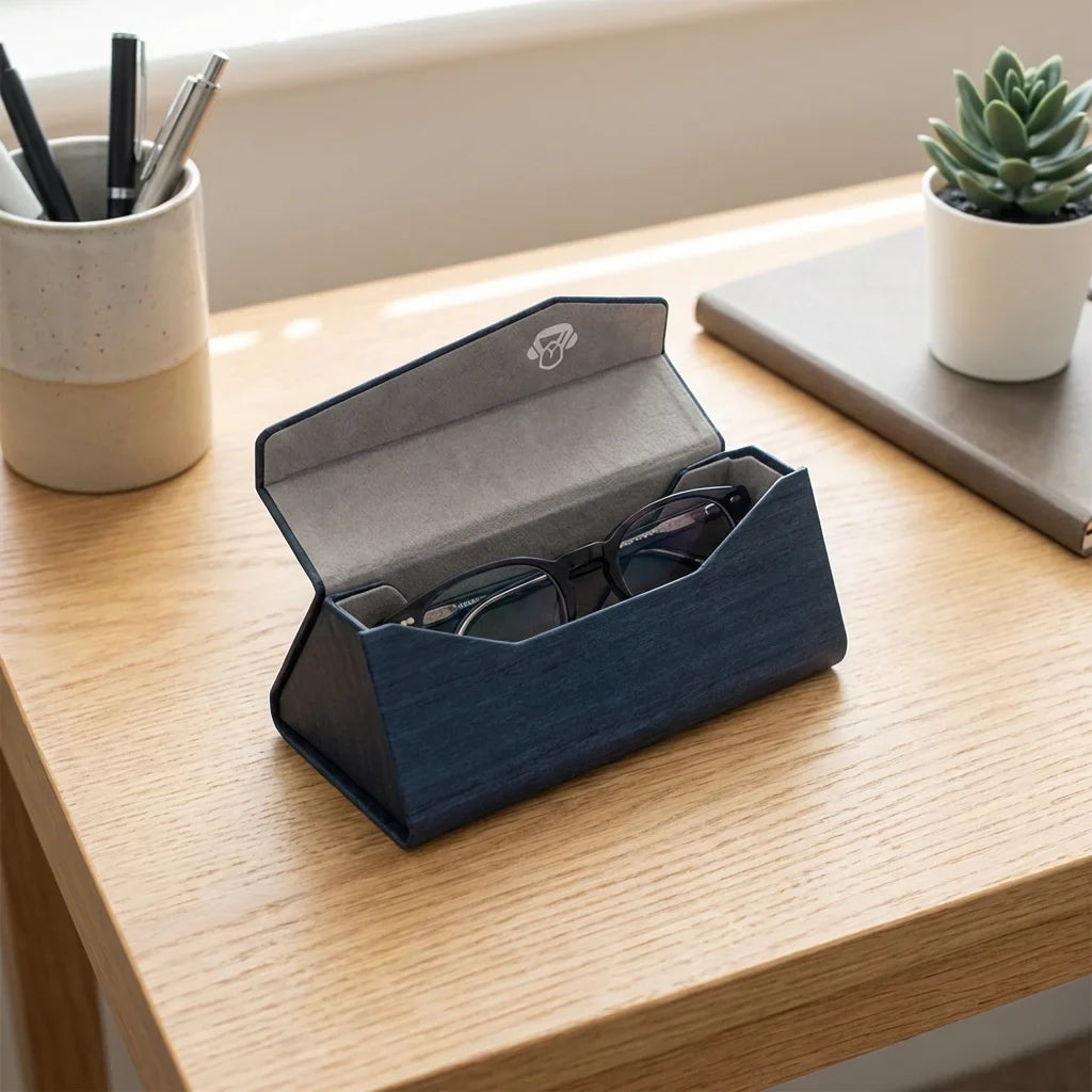 Estuche origami para lentes azul abierto en escritorio minimalista Bonoboss #color_azul