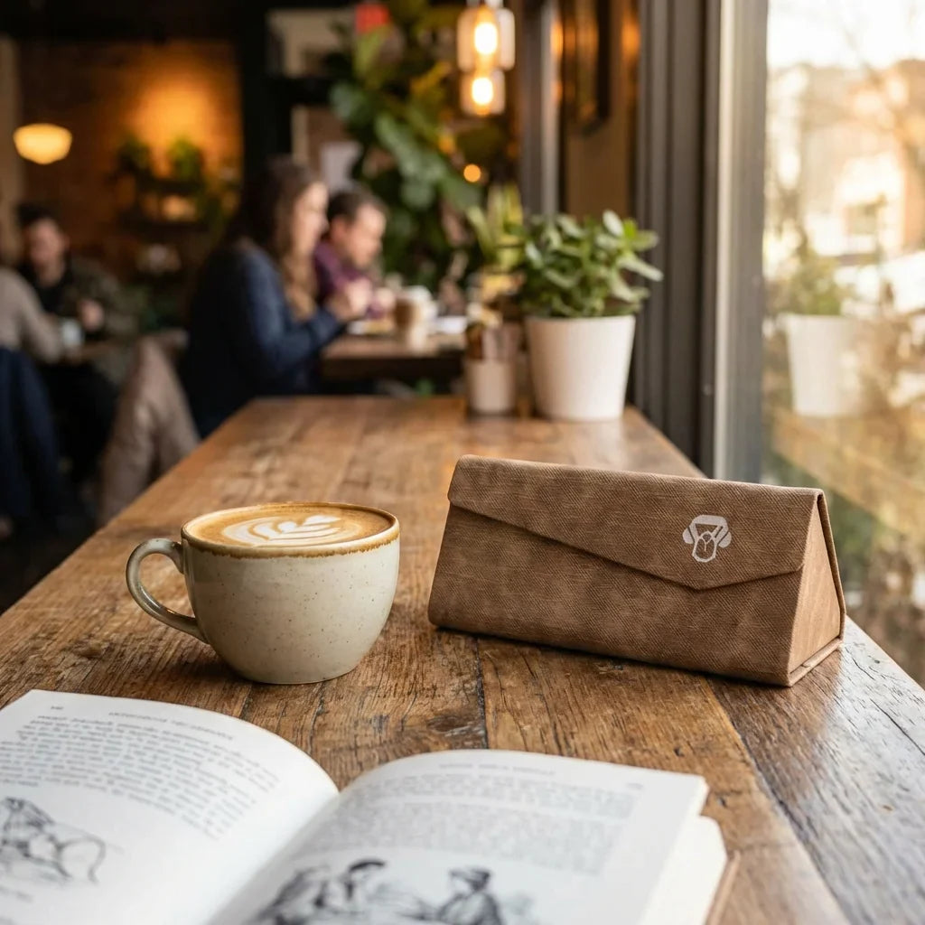 Estuche origami para lentes brown en mesa de café con libro Bonoboss #color_brown