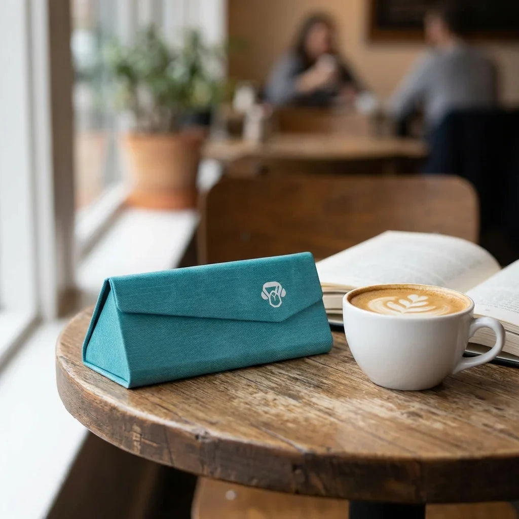 Estuche origami para lentes calipso en mesa de café con libro Bonoboss #color_calipso