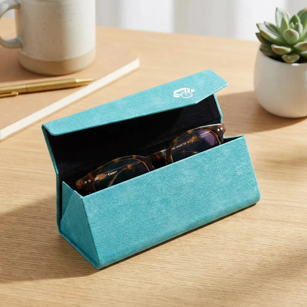 Estuche origami para lentes calipso abierto en escritorio minimalista Bonoboss #color_calipso