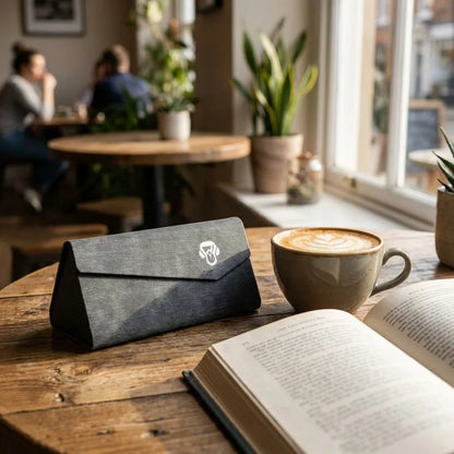 Estuche origami para lentes gris en mesa de café con libro Bonoboss #color_gris