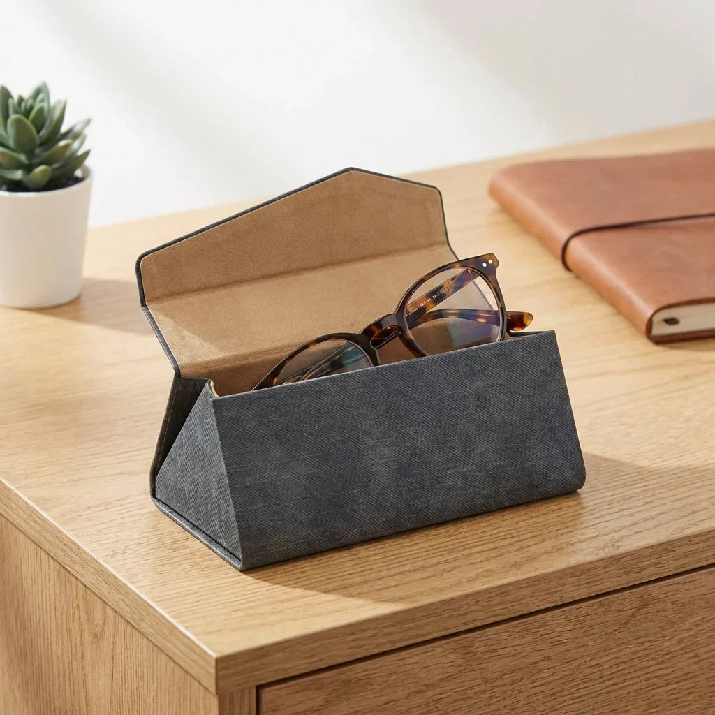 Estuche origami para lentes gris abierto en escritorio minimalista Bonoboss #color_gris