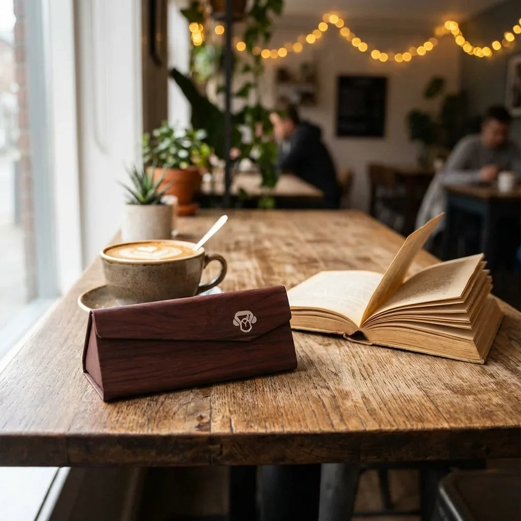 Estuche origami para lentes rojo en mesa de café con libro Bonoboss #color_rojo