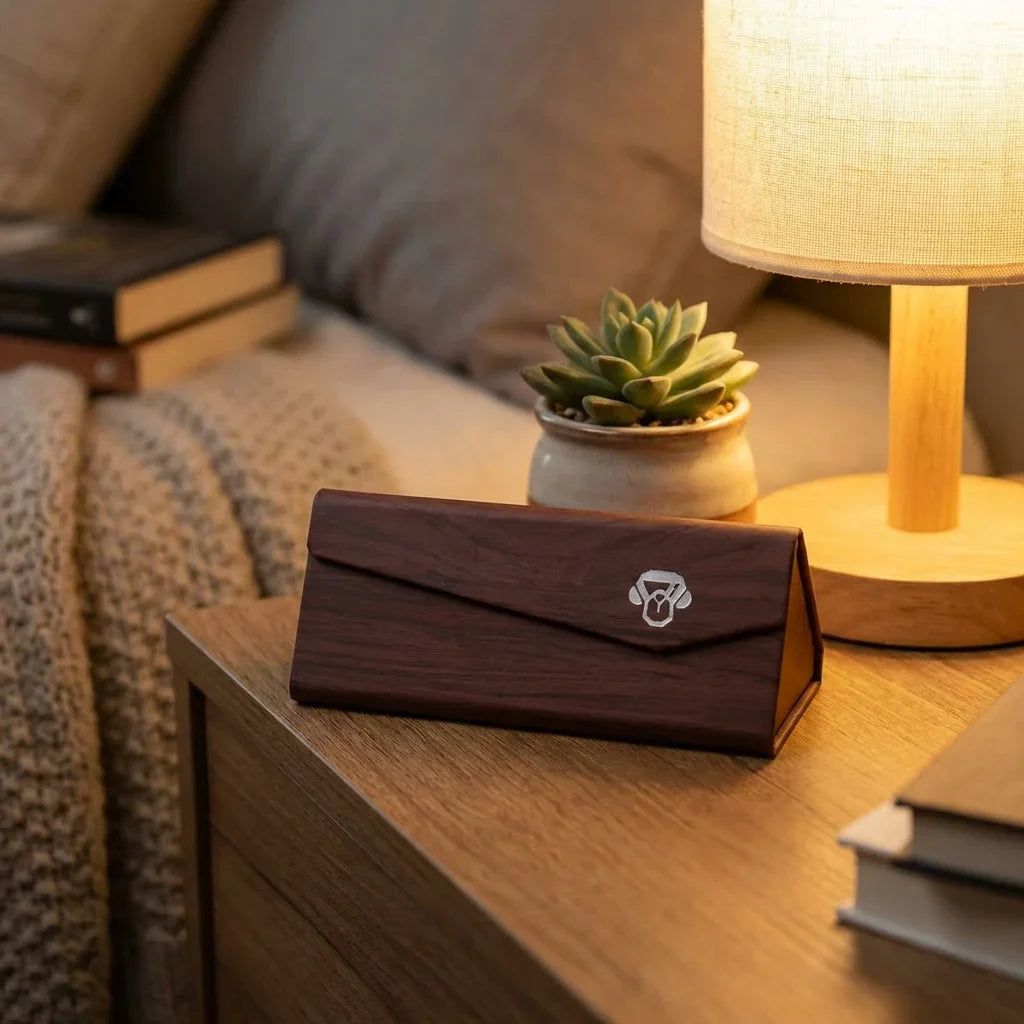 Estuche origami para lentes rojo en mesita de noche Bonoboss #color_rojo