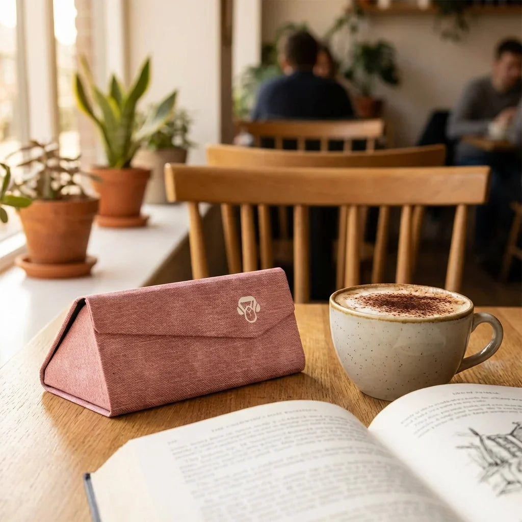 Estuche origami para lentes rosado en mesa de café con libro Bonoboss #color_rosado