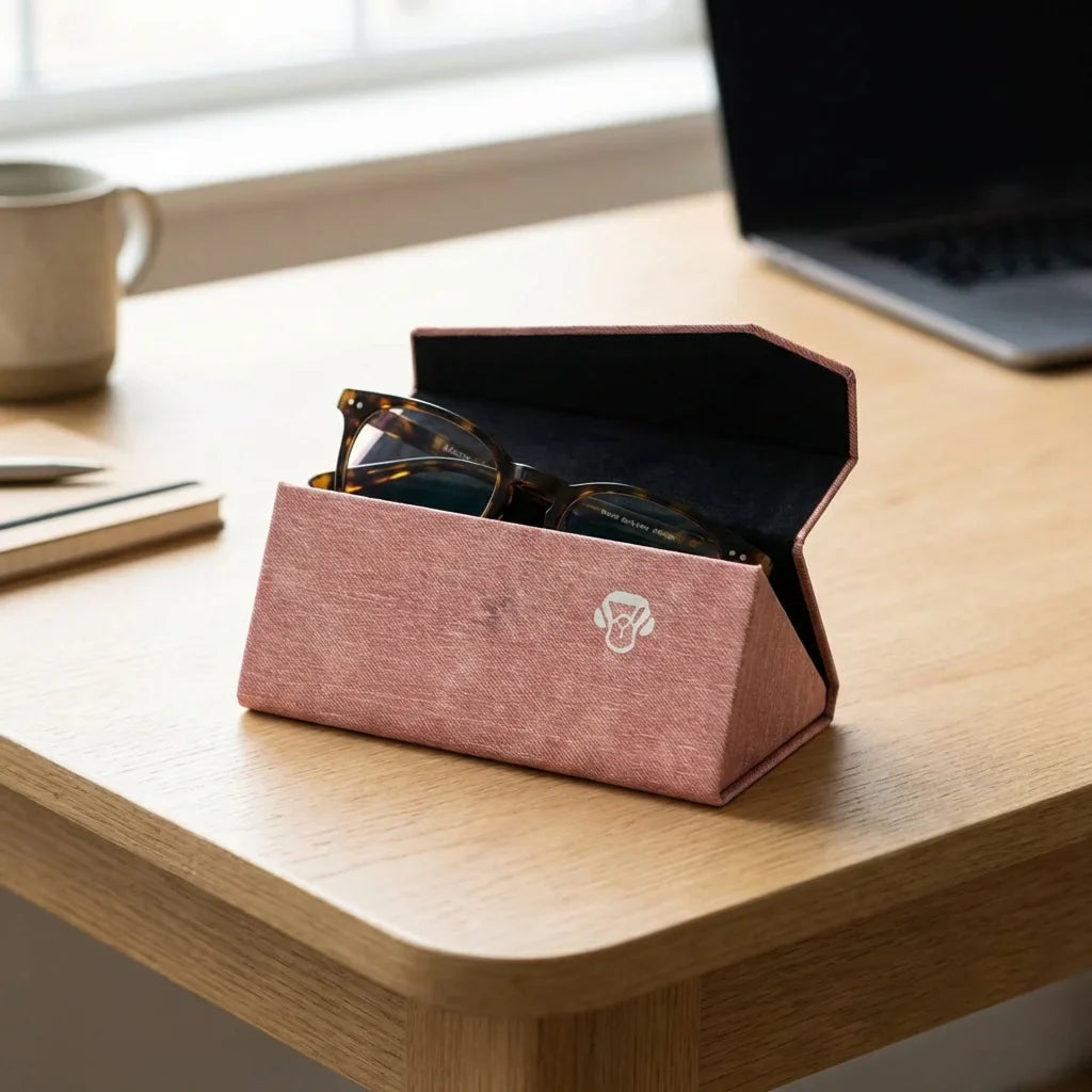 Estuche origami para lentes rosado abierto en escritorio minimalista Bonoboss #color_rosado