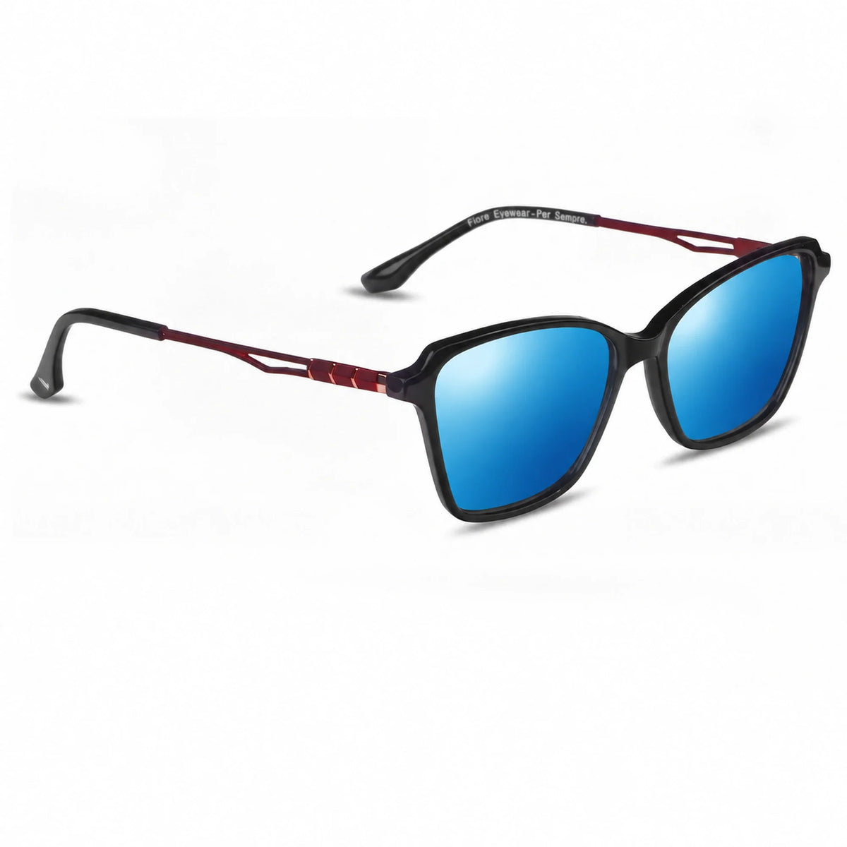 Lentes de sol Fiore 1006 Negro con cristal espejado azul polarizado UV400, vista en tres cuartos para mujer #color_espejado-azul
