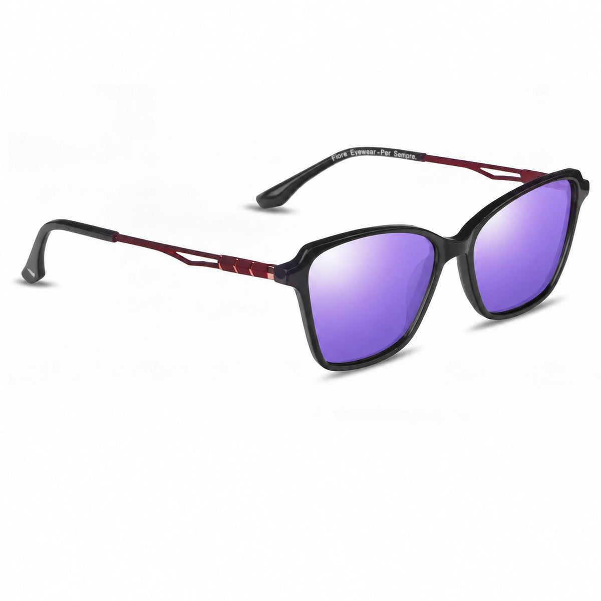 Lentes de sol Fiore 1006 Negro con cristal espejado morado polarizado UV400, vista en tres cuartos para mujer #color_espejado-morado