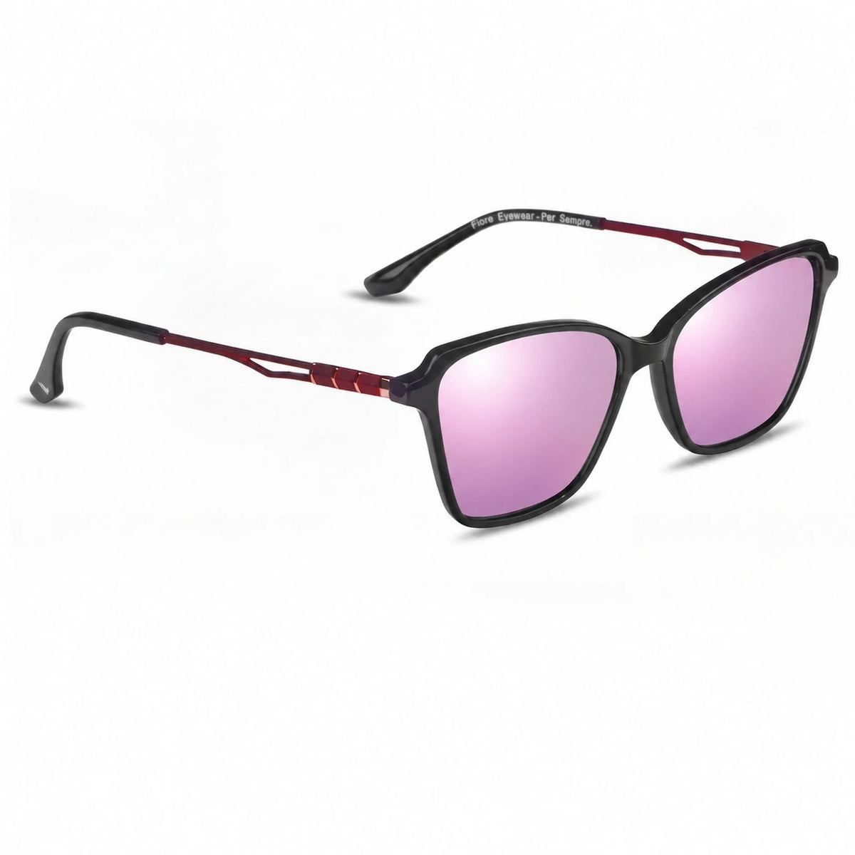 Lentes de sol Fiore 1006 Negro con cristal espejado rosado polarizado UV400, vista en tres cuartos para mujer #color_espejado-rosado