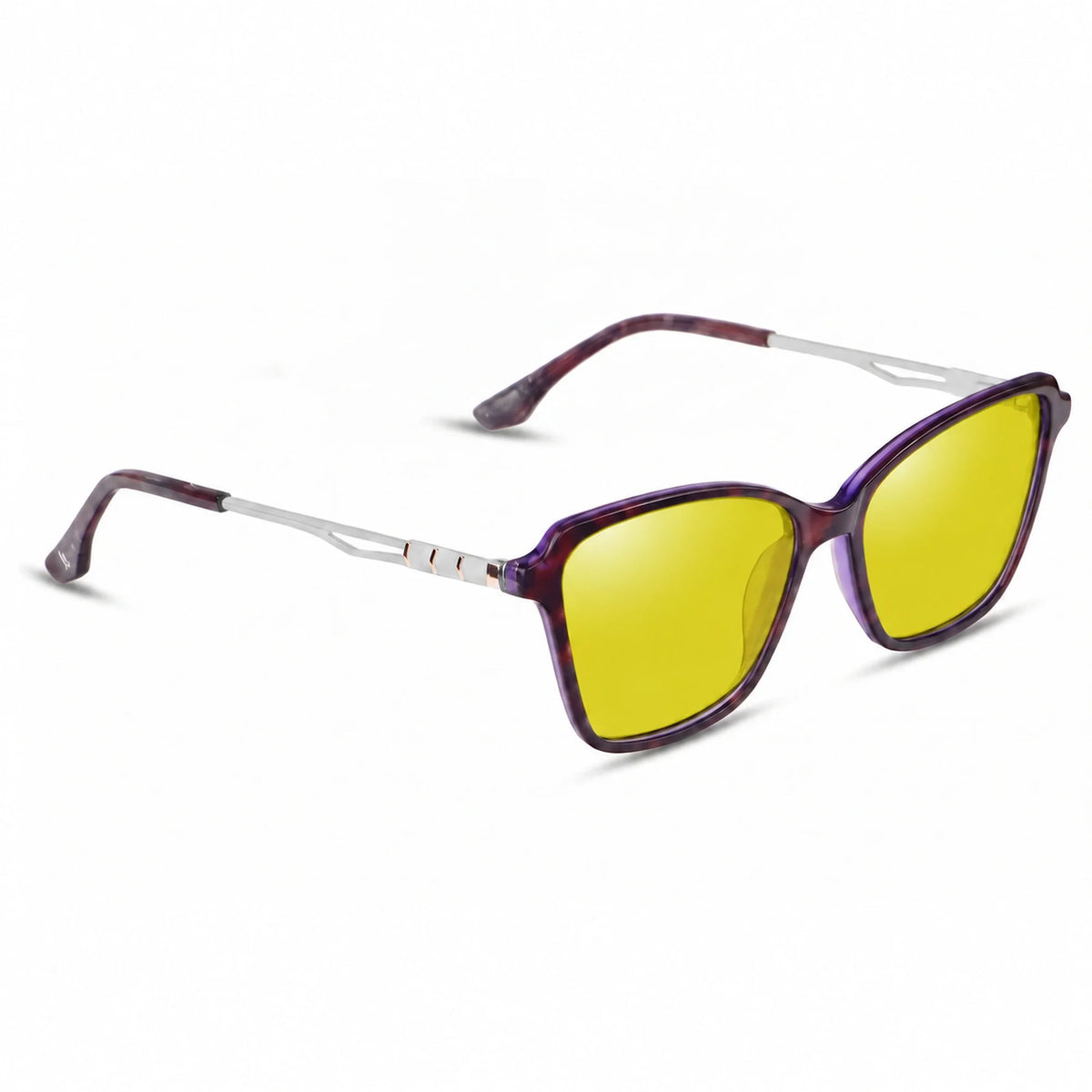 Lentes de sol Fiore 1006 Morado con cristal amarillo polarizado UV400, vista en tres cuartos para mujer #color_amarillo
