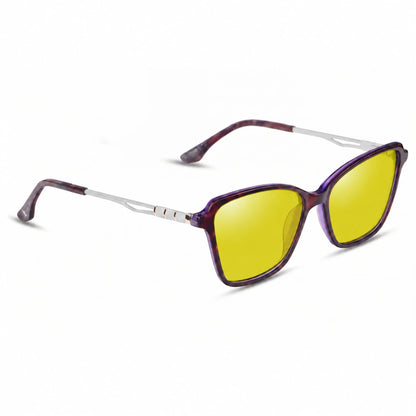 Lentes de sol Fiore 1006 Morado con cristal amarillo polarizado UV400, vista en tres cuartos para mujer #color_amarillo