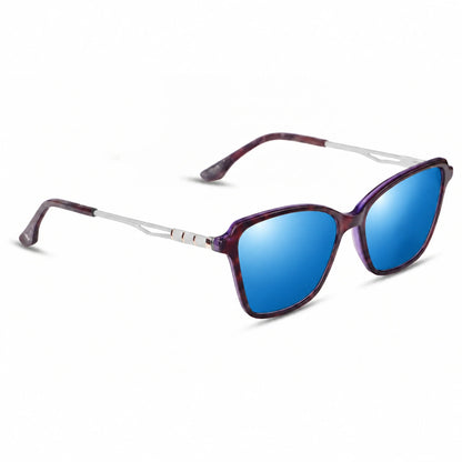 Lentes de sol Fiore 1006 Morado con cristal espejado azul polarizado UV400, vista en tres cuartos para mujer #color_espejado-azul