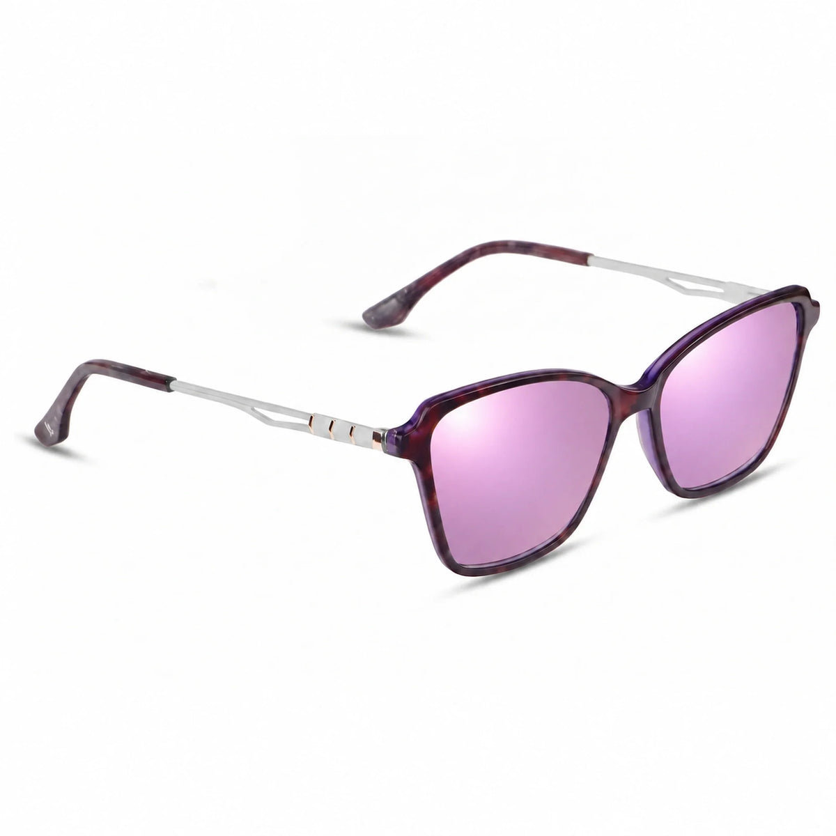 Lentes de sol Fiore 1006 Morado con cristal espejado rosado polarizado UV400, vista en tres cuartos para mujer #color_espejado-rosado