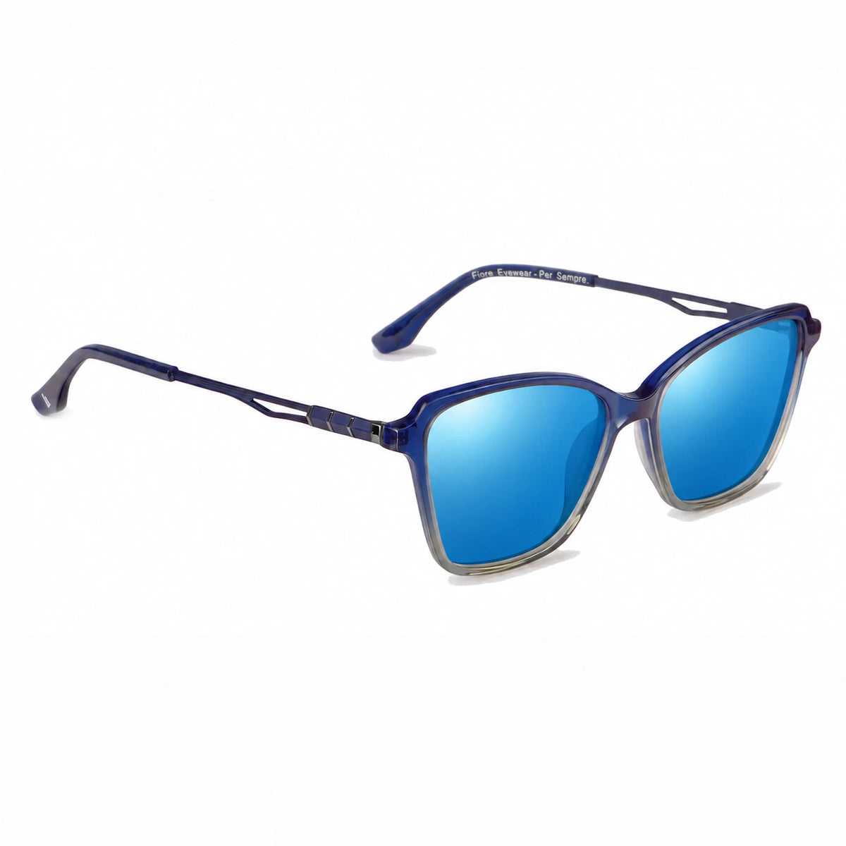 Lentes de sol Fiore 1006 Azul con cristal espejado azul polarizado UV400, vista en tres cuartos para mujer #color_espejado-azul