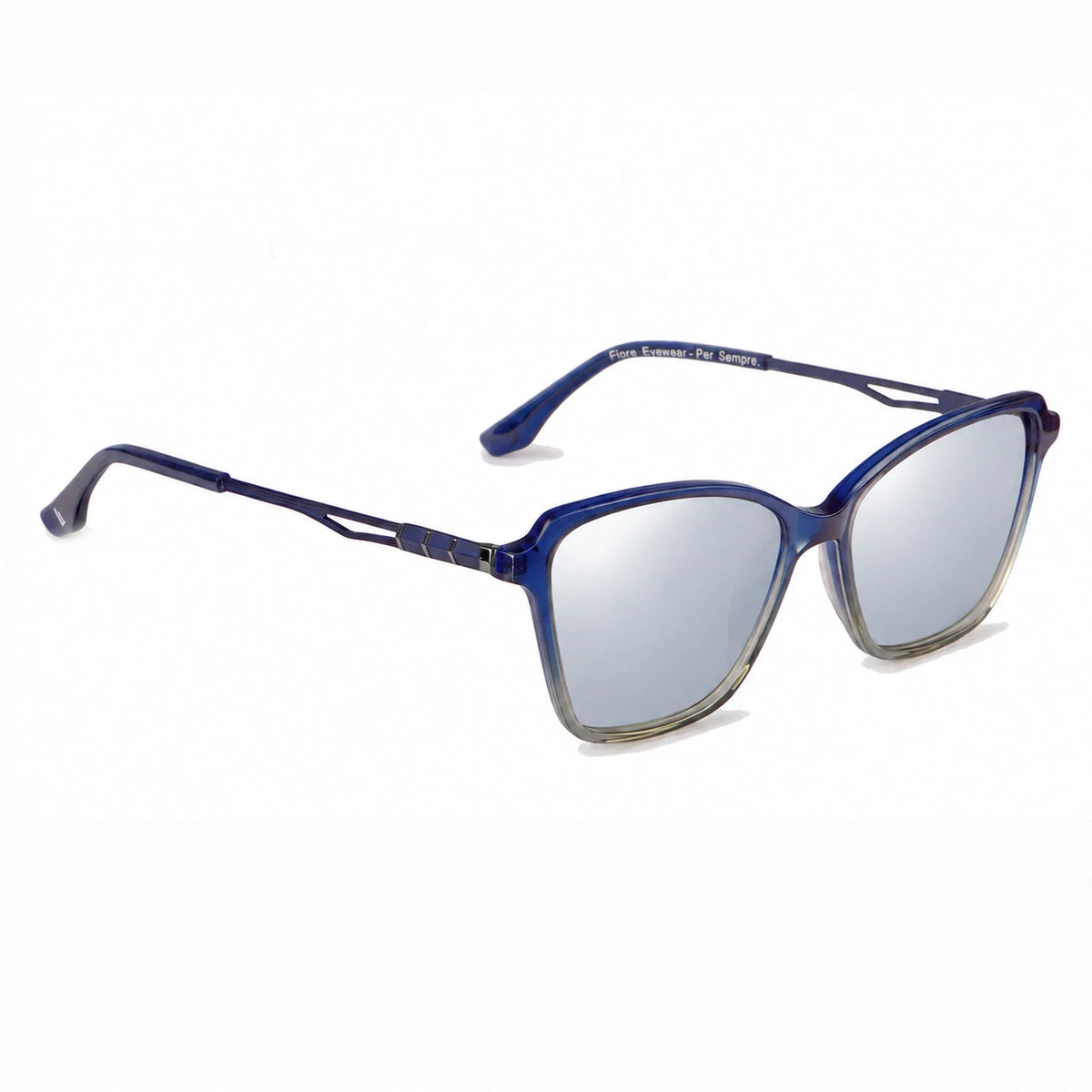 Lentes de sol Fiore 1006 Azul con cristal espejado silver polarizado UV400, vista en tres cuartos para mujer #color_espejado-silver