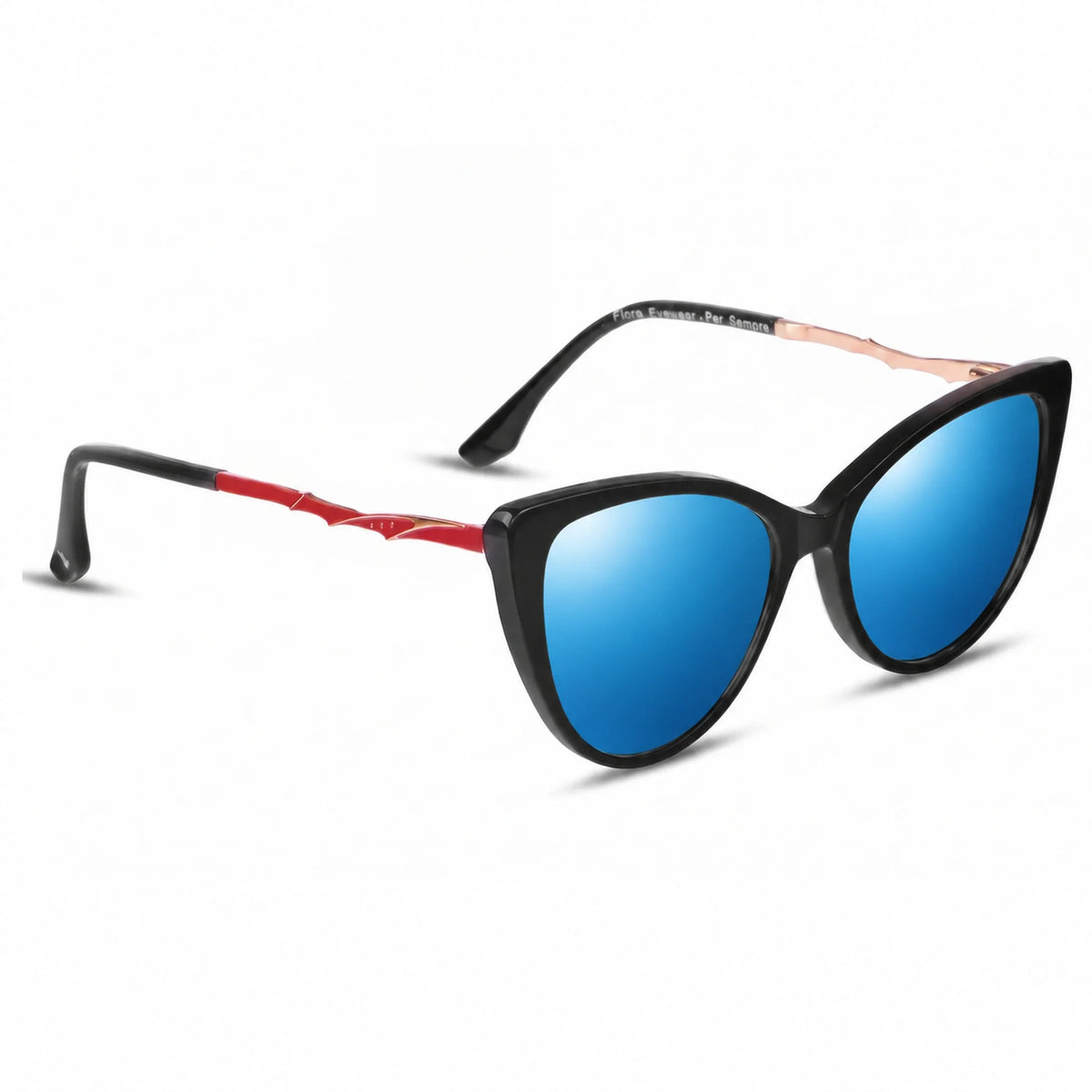 Lentes de sol Fiore 1010 Negro con cristal espejado azul polarizado UV400, vista en tres cuartos para mujer #color_espejado-azul