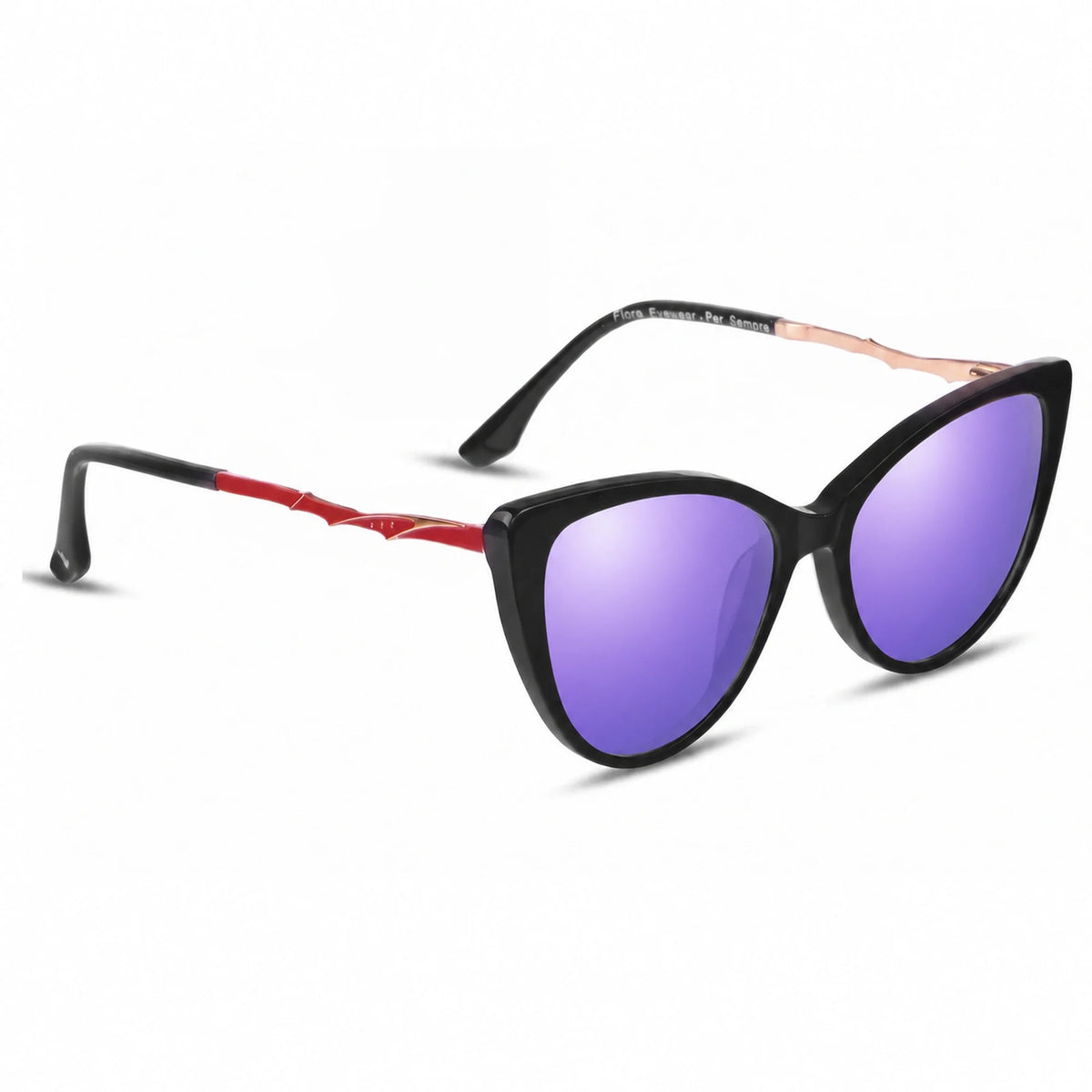 Lentes de sol Fiore 1010 Negro con cristal espejado morado polarizado UV400, vista en tres cuartos para mujer #color_espejado-morado