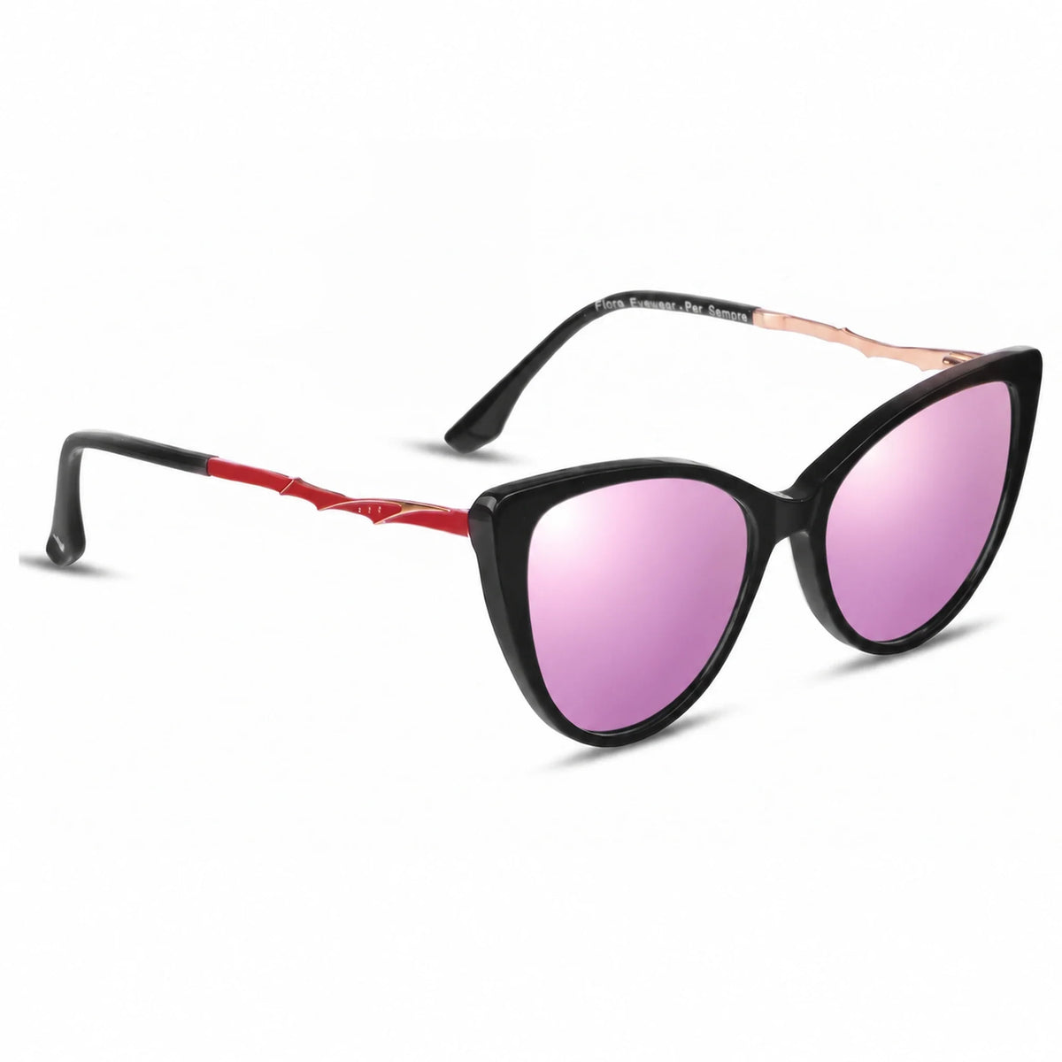 Lentes de sol Fiore 1010 Negro con cristal espejado rosado polarizado UV400, vista en tres cuartos para mujer #color_espejado-rosado