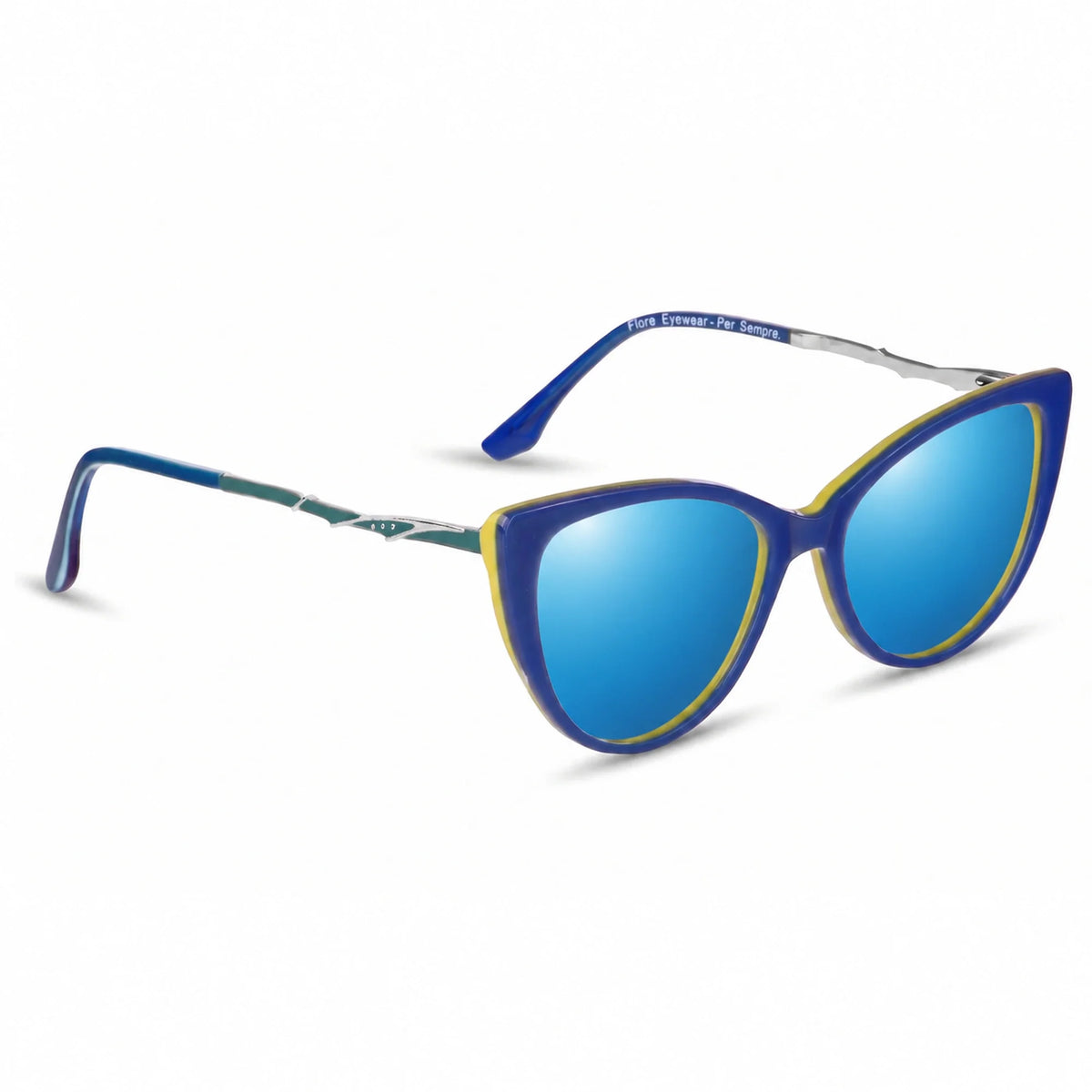 Lentes de sol Fiore 1010 Verde con cristal espejado azul polarizado UV400, vista en tres cuartos para mujer #color_espejado-azul