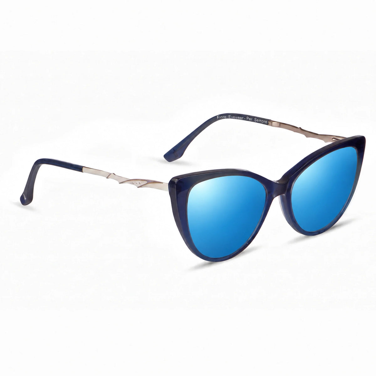 Lentes de sol Fiore 1010 Azul con cristal espejado azul polarizado UV400, vista en tres cuartos para mujer #color_espejado-azul
