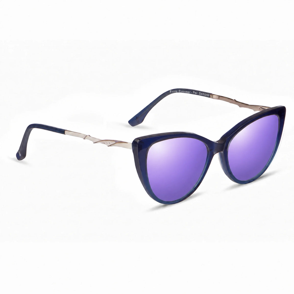 Lentes de sol Fiore 1010 Azul con cristal espejado morado polarizado UV400, vista en tres cuartos para mujer #color_espejado-morado