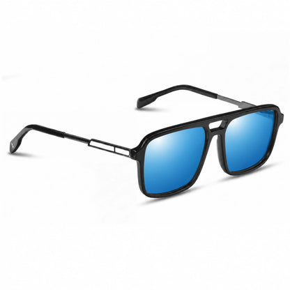 Lentes de sol Fiore 1014 Negro con cristal espejado azul polarizado UV400, vista en tres cuartos para hombre y mujer #color_espejado-azul