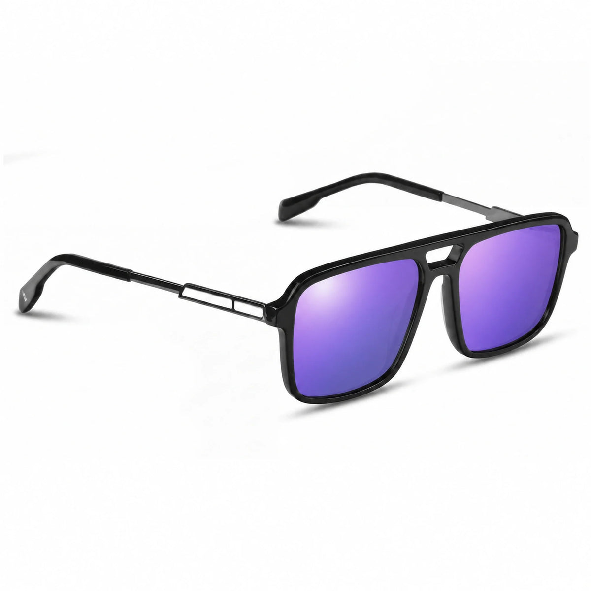 Lentes de sol Fiore 1014 Negro con cristal espejado morado polarizado UV400, vista en tres cuartos para hombre y mujer #color_espejado-morado