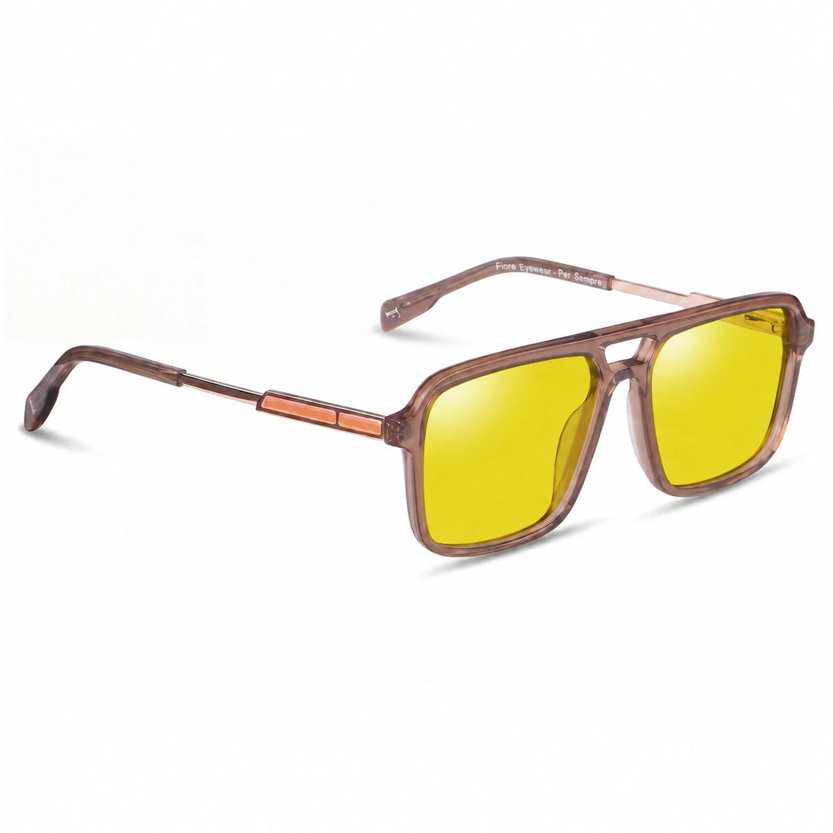 Lentes de sol Fiore 1014 Brown con cristal amarillo polarizado UV400, vista en tres cuartos para hombre y mujer #color_amarillo