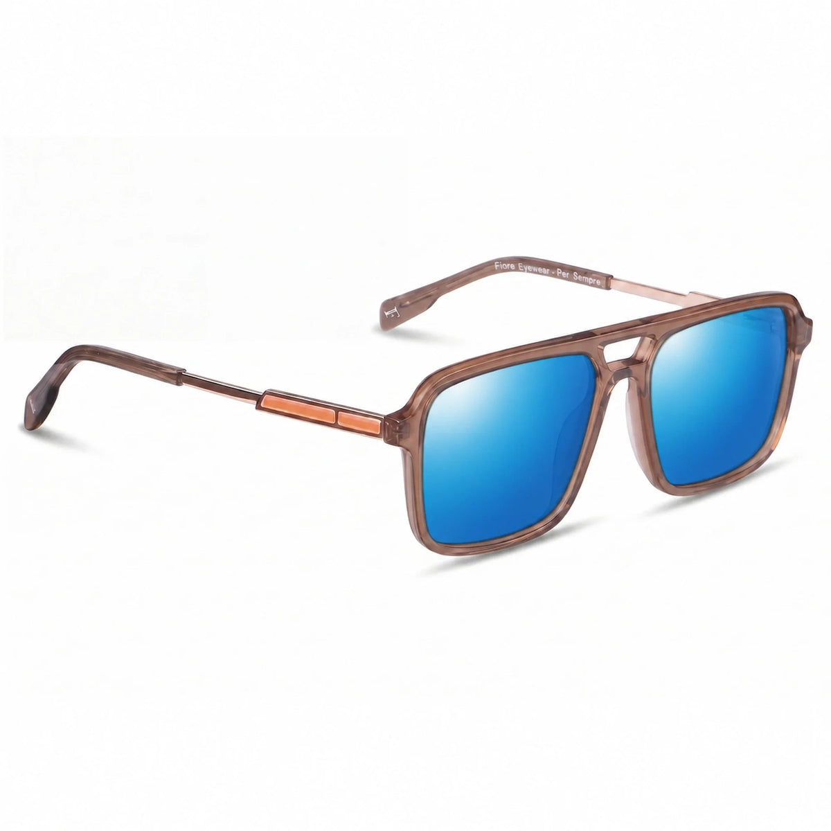 Lentes de sol Fiore 1014 Brown con cristal espejado azul polarizado UV400, vista en tres cuartos para hombre y mujer #color_espejado-azul