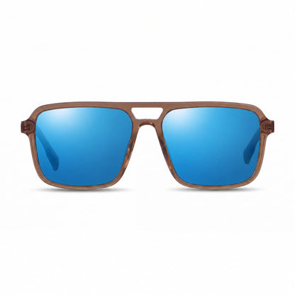 Lentes de sol Fiore 1014 Brown con cristal espejado azul polarizado UV400, vista frontal para hombre y mujer #color_espejado-azul #foto_frontal