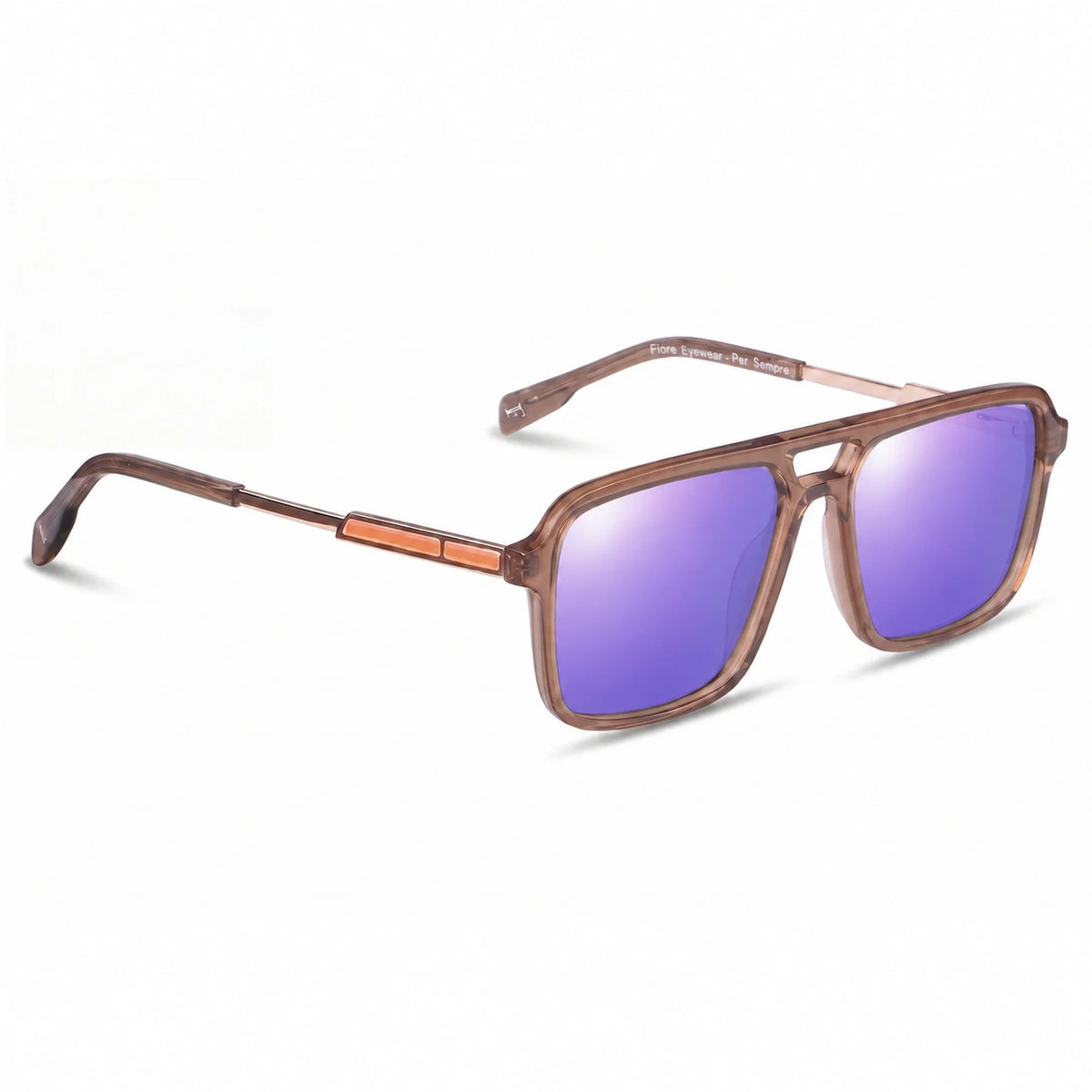 Lentes de sol Fiore 1014 Brown con cristal espejado morado polarizado UV400, vista en tres cuartos para hombre y mujer #color_espejado-morado