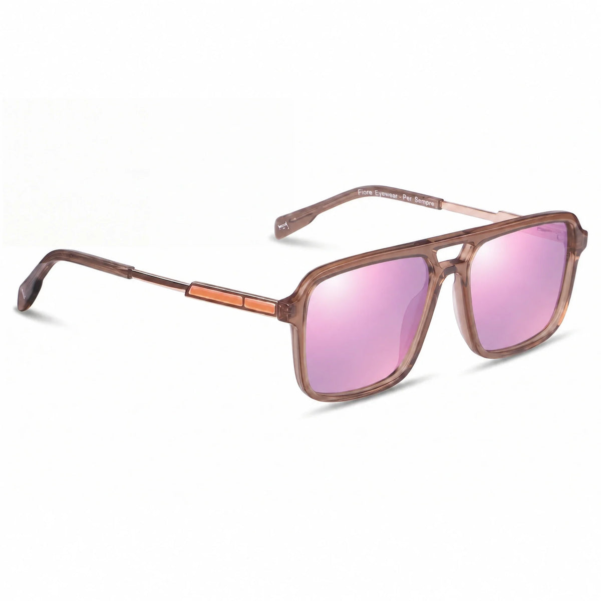 Lentes de sol Fiore 1014 Brown con cristal espejado rosado polarizado UV400, vista en tres cuartos para hombre y mujer #color_espejado-rosado
