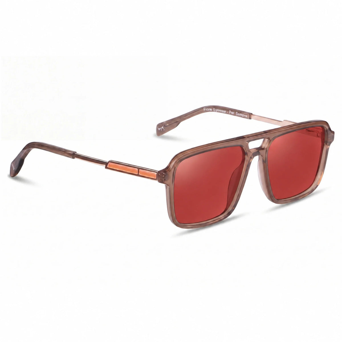 Lentes de sol Fiore 1014 Brown con cristal rojo polarizado UV400, vista en tres cuartos para hombre y mujer #color_rojo