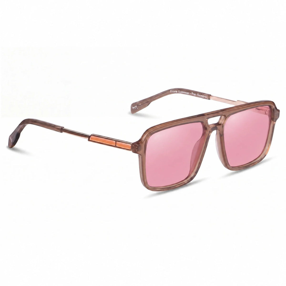 Lentes de sol Fiore 1014 Brown con cristal rosado polarizado UV400, vista en tres cuartos para hombre y mujer #color_rosado