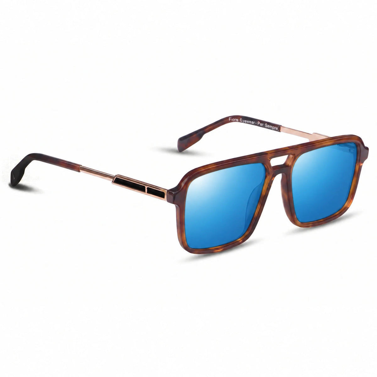Lentes de sol Fiore 1014 Carey con cristal espejado azul polarizado UV400, vista en tres cuartos para hombre y mujer #color_espejado-azul