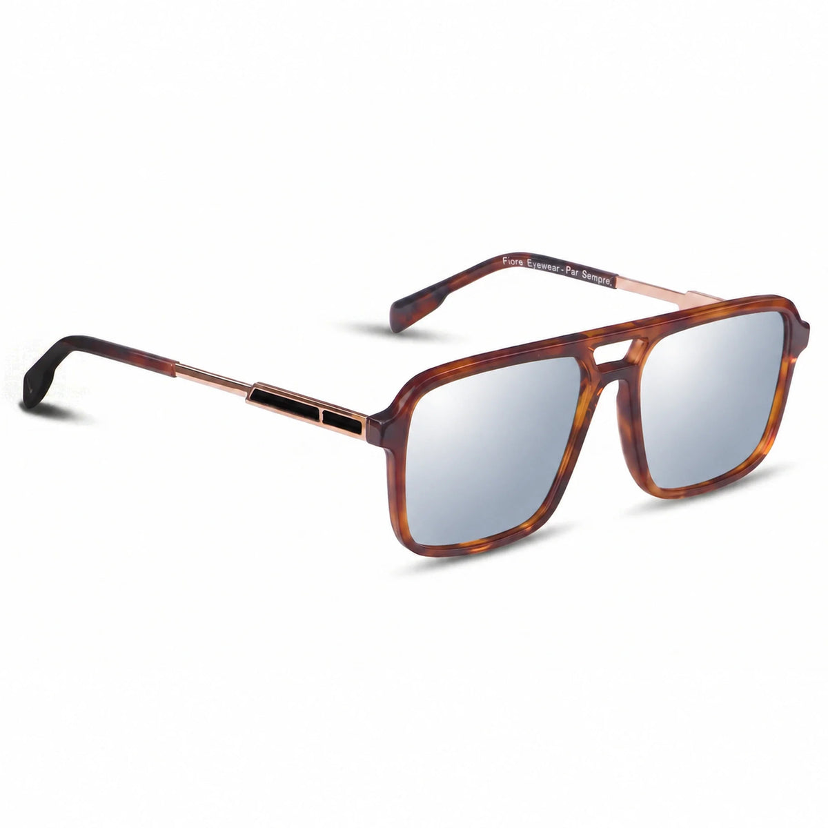 Lentes de sol Fiore 1014 Carey con cristal espejado silver polarizado UV400, vista en tres cuartos para hombre y mujer #color_espejado-silver