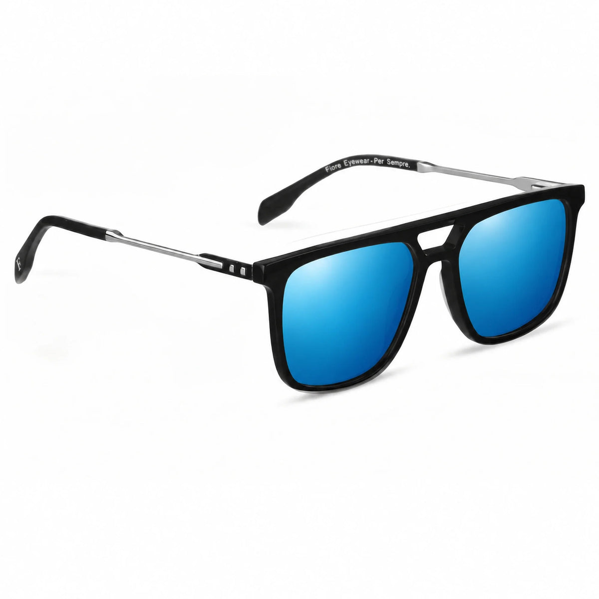 Lentes de sol Fiore 10177 Negro con cristal espejado azul polarizado UV400, vista en tres cuartos para hombre y mujer #color_espejado-azul