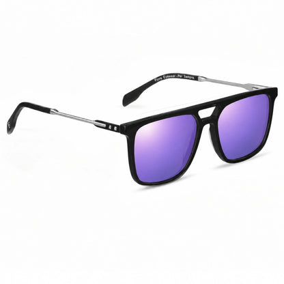 Lentes de sol Fiore 10177 Negro con cristal espejado morado polarizado UV400, vista en tres cuartos para hombre y mujer #color_espejado-morado
