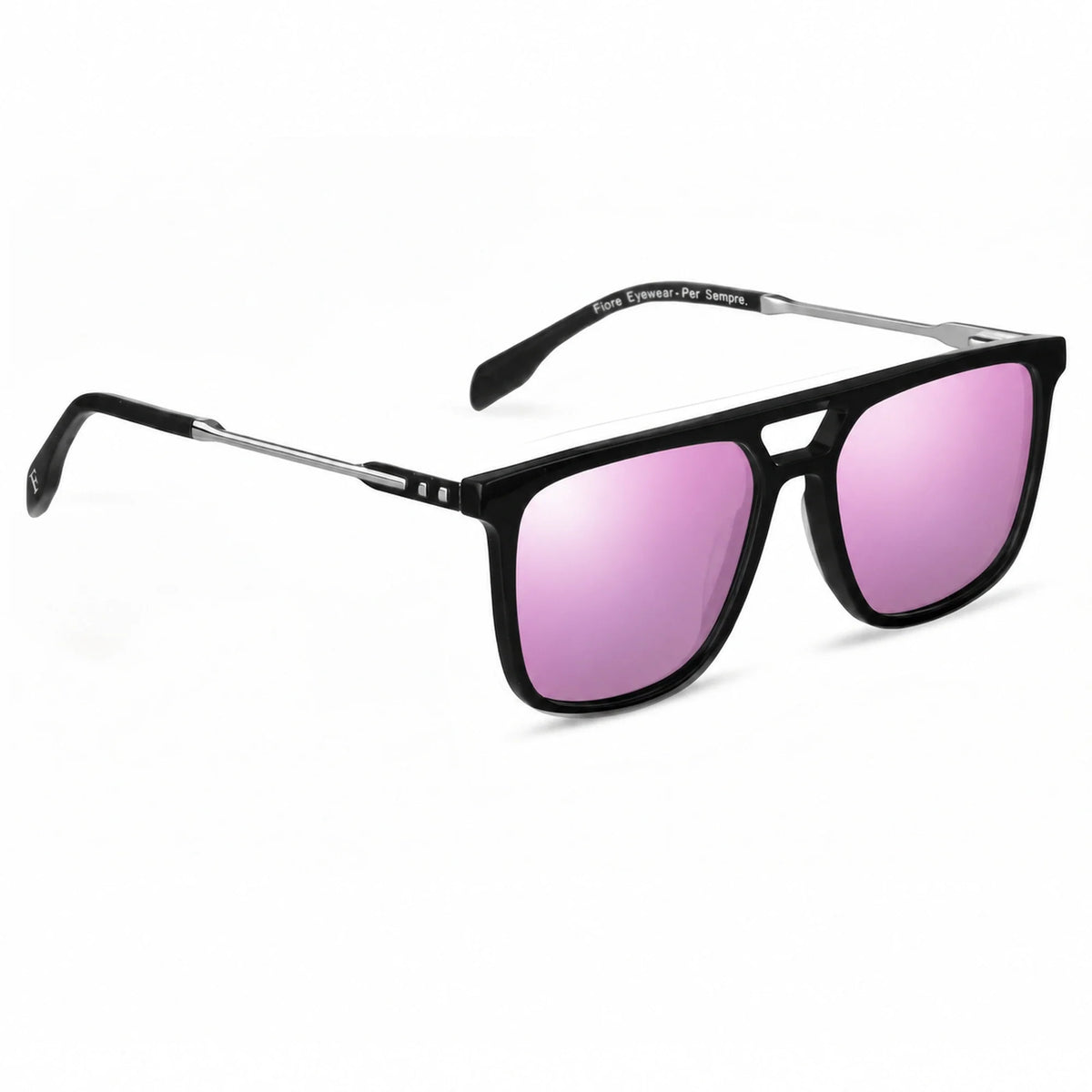 Lentes de sol Fiore 10177 Negro con cristal espejado rosado polarizado UV400, vista en tres cuartos para hombre y mujer #color_espejado-rosado