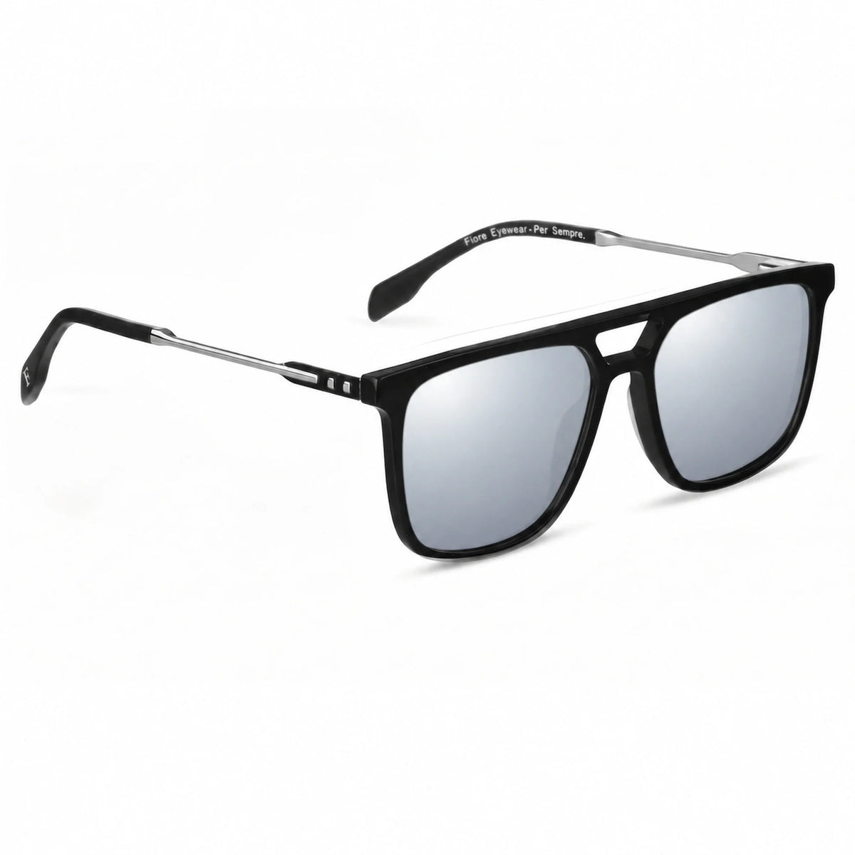 Lentes de sol Fiore 10177 Negro con cristal espejado silver polarizado UV400, vista en tres cuartos para hombre y mujer #color_espejado-silver