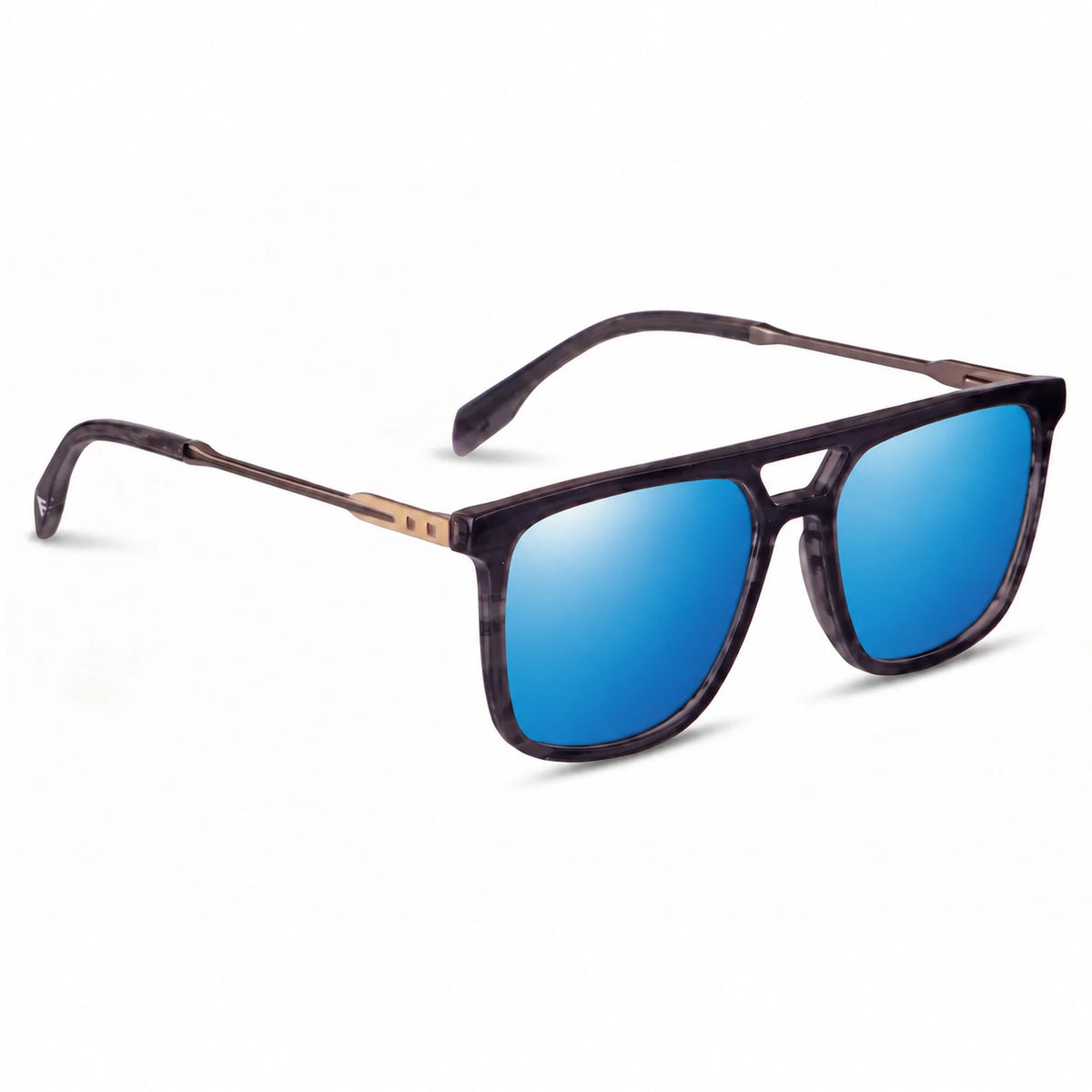 Lentes de sol Fiore 10177 Gris con cristal espejado azul polarizado UV400, vista en tres cuartos para hombre y mujer #color_espejado-azul