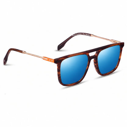 Lentes de sol Fiore 10177 Carey con cristal espejado azul polarizado UV400, vista en tres cuartos para hombre y mujer #color_espejado-azul