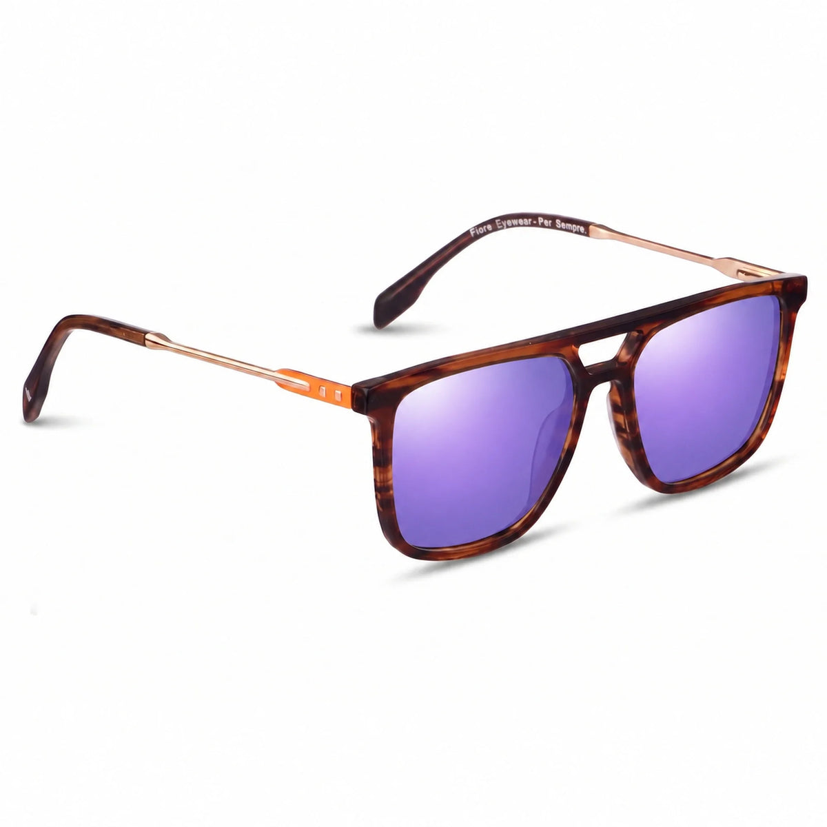 Lentes de sol Fiore 10177 Carey con cristal espejado morado polarizado UV400, vista en tres cuartos para hombre y mujer #color_espejado-morado